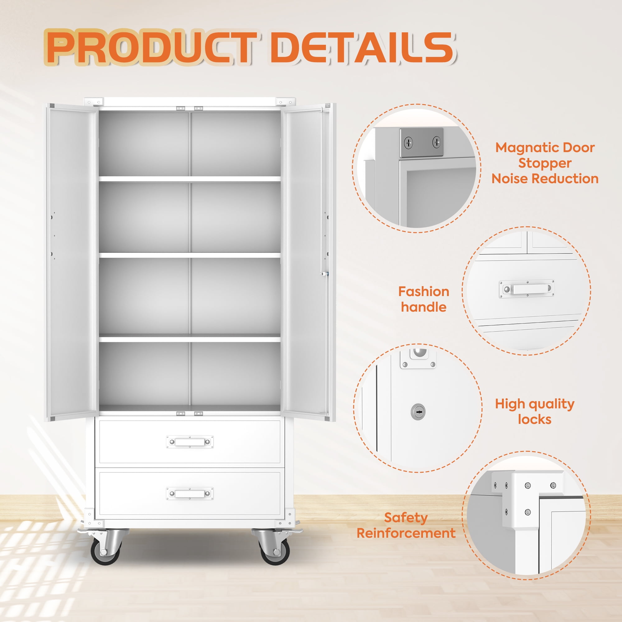 Supeer Lockable Rolling Metal Storage Cabinet with 2 Drawers and 2 Doors, White, 72 inches