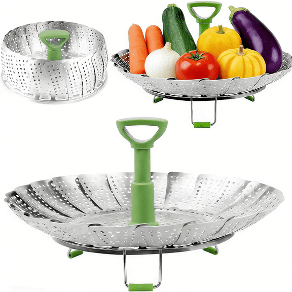 Vegetable Steamer Basket Stainless Steel Folding - Expandable 5.1" to 9" Insert with Triangle Stand for Veggie, Fish & Seafood