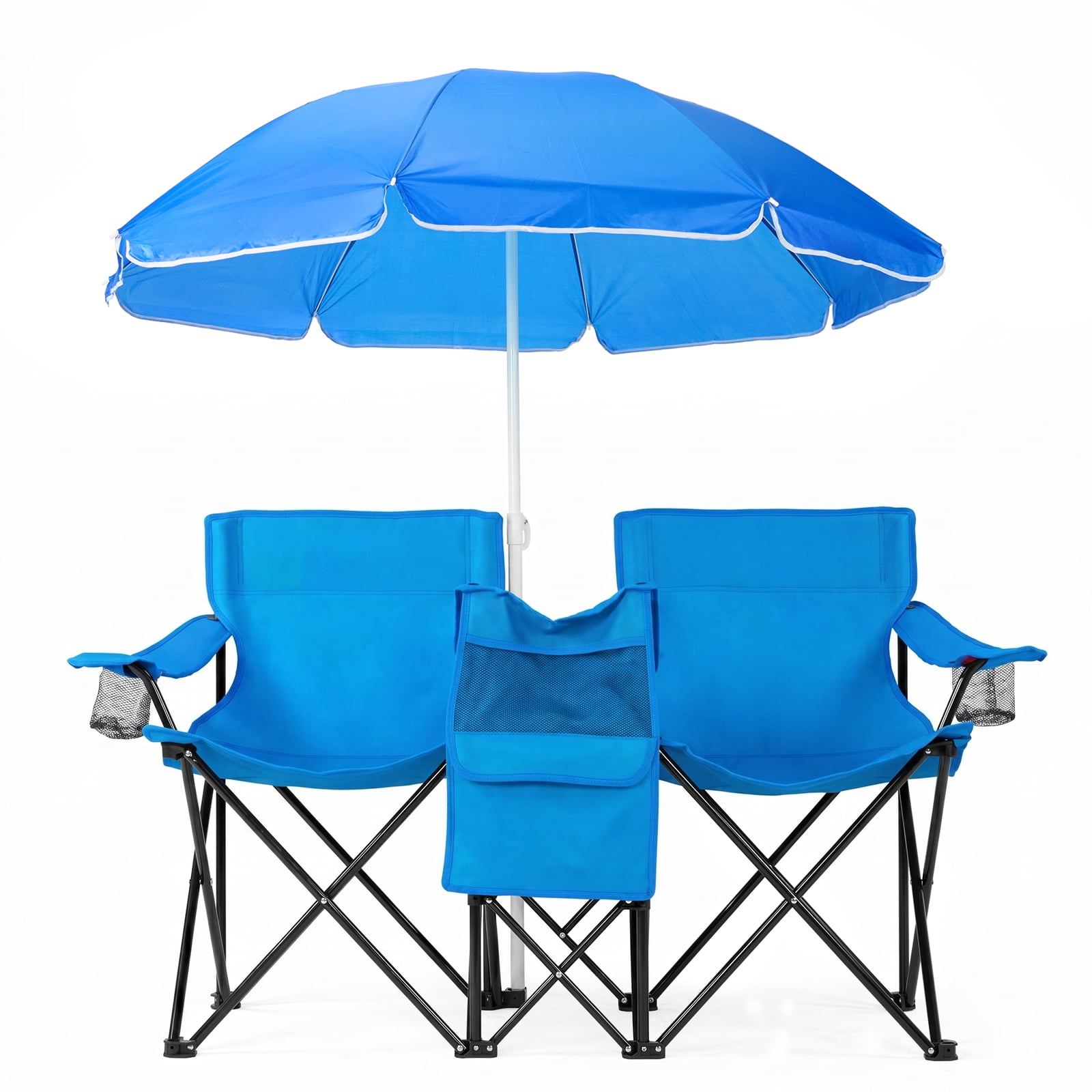 Double Fishing Chair with Detachable Sun Umbrella & Insulated Cooler Bag, 2 Person XL Folding Lounge Chair, Waterproof Oxford Cloth for Fishing Camping Beach Patio