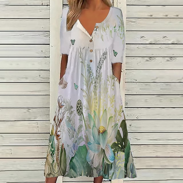SMihono Robe d'Été pour Femmes Grande Taille Mode Femmes Été Imprimé Décontracté Col en V Boutons Manches Courtes Poches Robe de Vacances