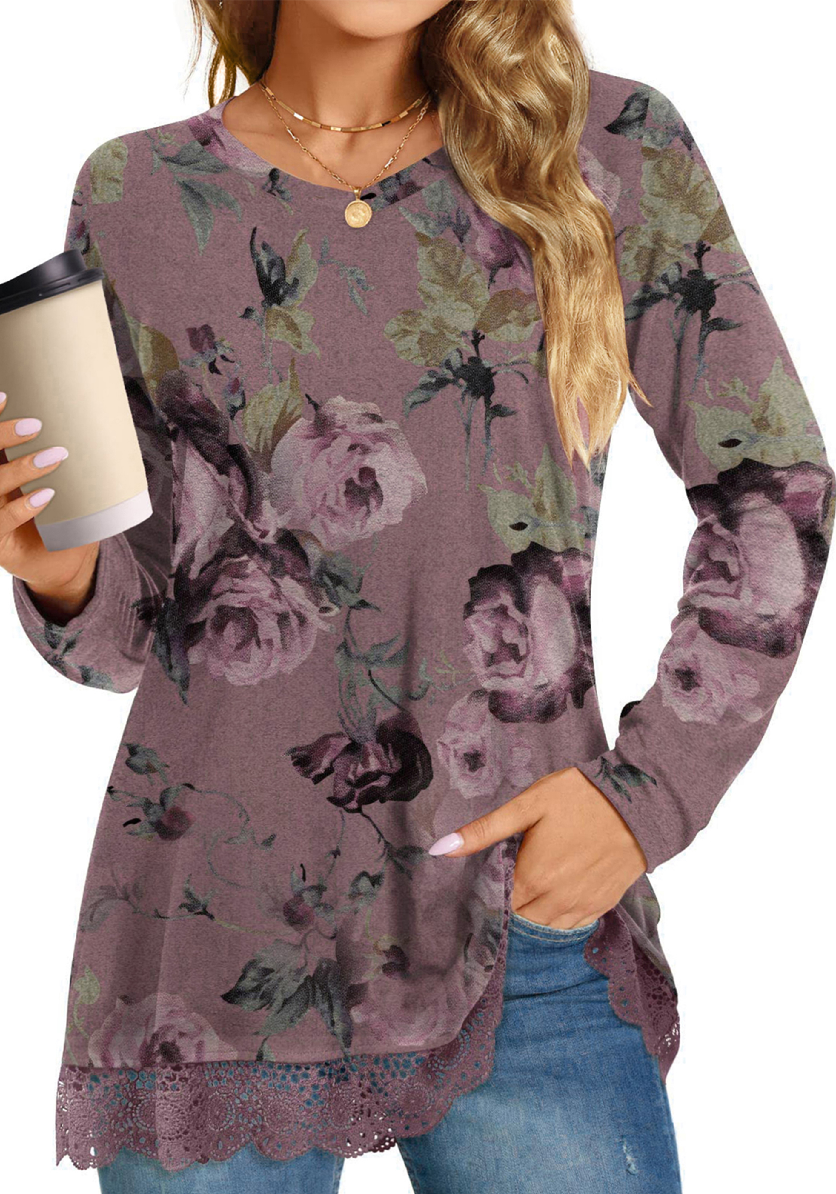 UVN Women's Long Sleeve V-Neck Lace Trim Tunic photo 1