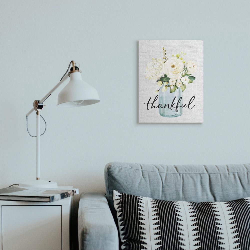Stupell Industries Simple Thankful Phrase Over Country Floral Jar Canvas Wall Art Design by Lettered and Lined, 16" x 20"