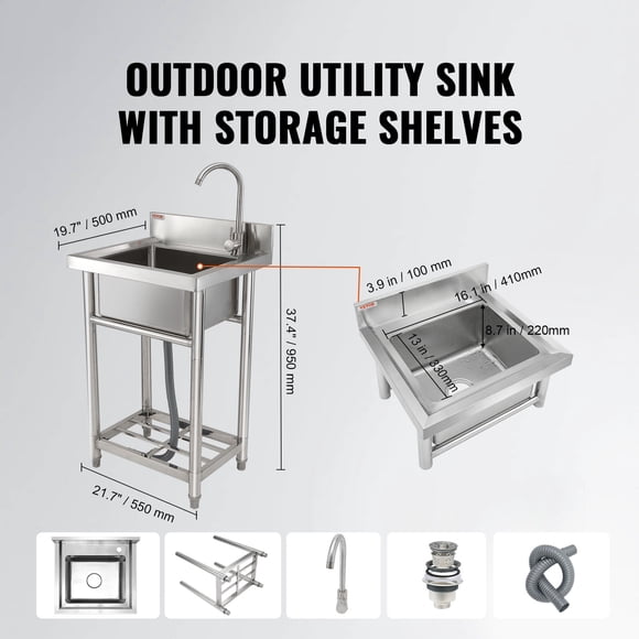 VEVOR Fregadero utilitario de acero inoxidable, fregadero pequeño independiente de 1 compartimento que incluye grifo y patas, fregaderos comerciales de un solo tazón de 16 x 13 x 8,7 pulgadas
