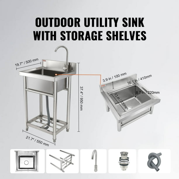 VEVOR Fregadero utilitario de acero inoxidable, fregadero pequeño independiente de 1 compartimento que incluye grifo y patas, fregaderos comerciales de un solo tazón de 16 x 13 x 8,7 pulgadas