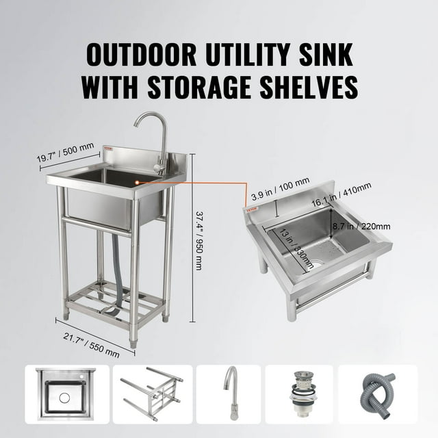VEVOR Fregadero utilitario de acero inoxidable, fregadero pequeño independiente de 1 compartimento que incluye grifo y patas, fregaderos comerciales de un solo tazón de 16 x 13 x 8,7 pulgadas