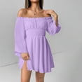 thumbnail image 5 of DHFJKG Women's Off The Shoulder Long Flared Sleeve Mini Dress Smocked Waist Solid Color Party Club Dresses 2026 Versatile Dresses, 5 of 9