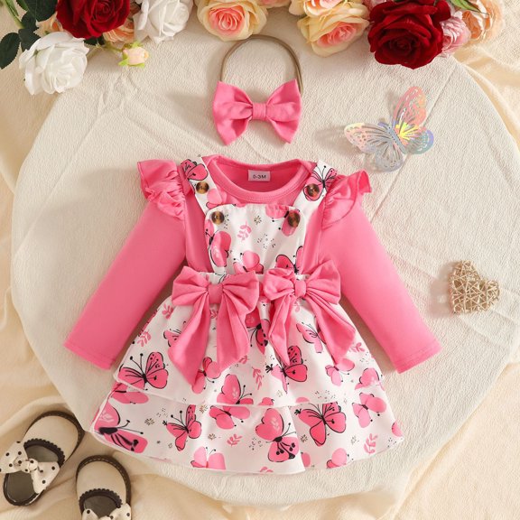 MEZZALL Girls Long Sleeve O-Neck Romper Bodysuit Bowknot Prints Suspender Skirts Outfit Sets Trendy Clothes Sets