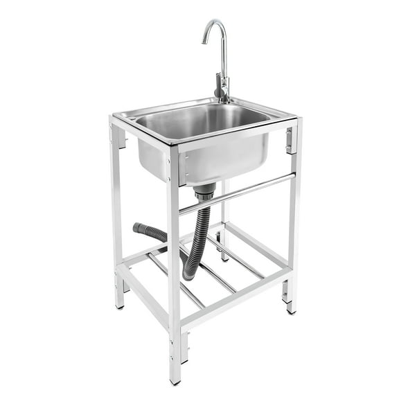 Wildnix Freestanding Single Basin Sink with Raised Countertop, 8.3in Deep, Soundproof Pad, Multi-Function Faucet, and Storage Cabinet for Laundry Room