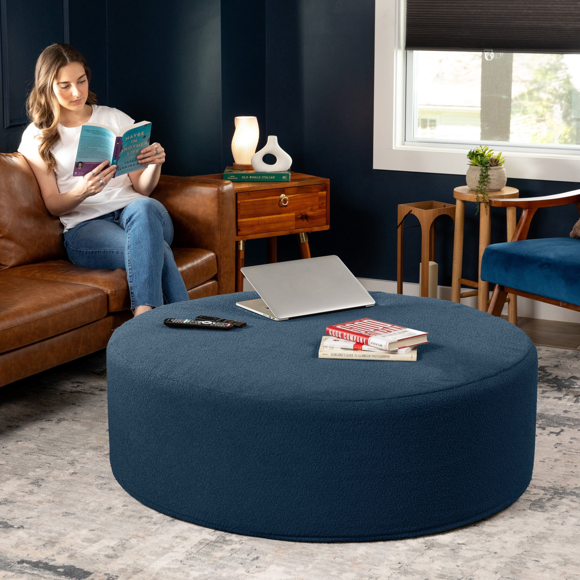 Jaxx Candler Round Coffee Table Ottoman, Oversized, 44-Inch, Boucle Dark Navy