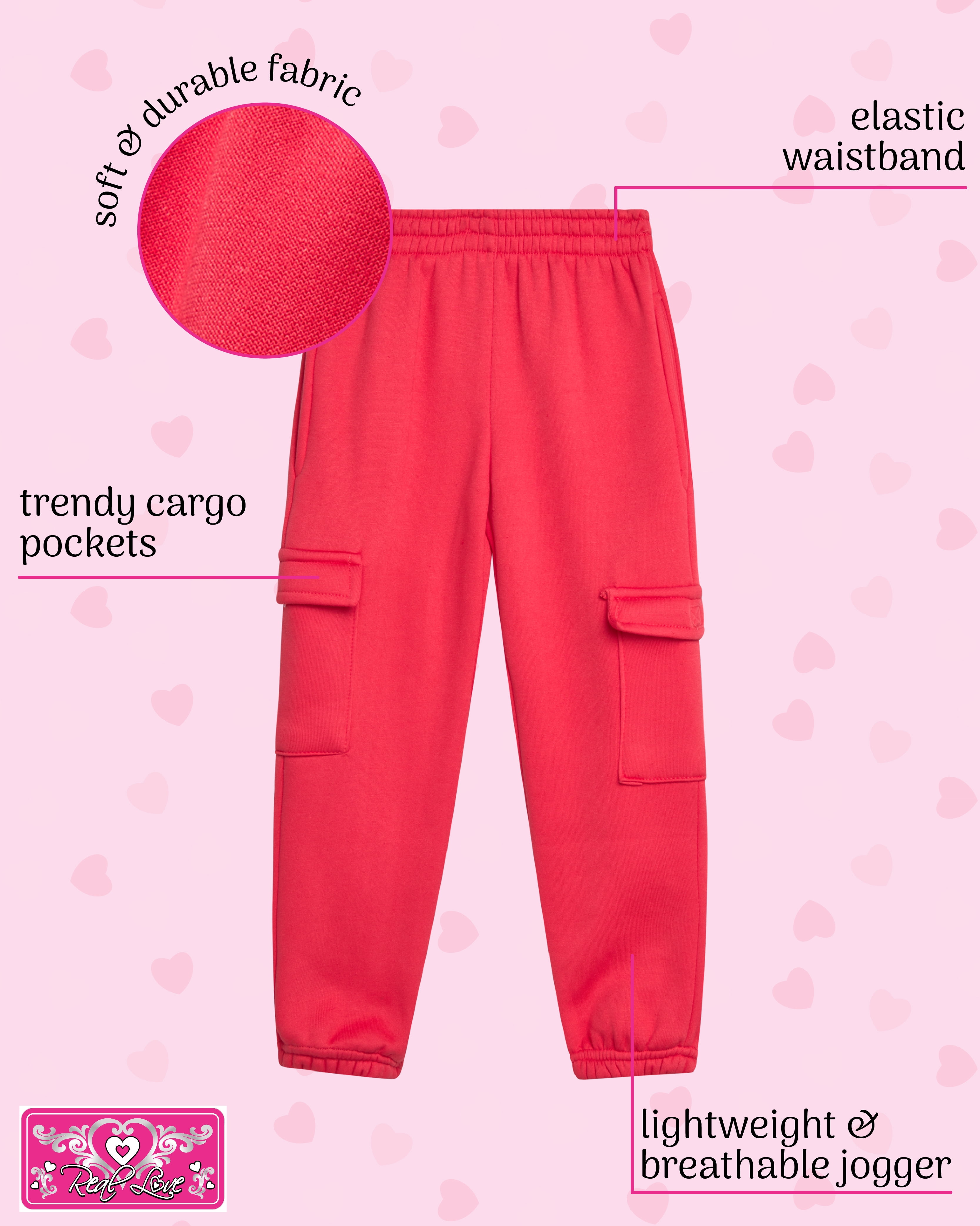 Real Love Girls Sweatpants Soft Lightweight Basic Fleece Cargo Jogpants, Joggers or Flares 4 Pack