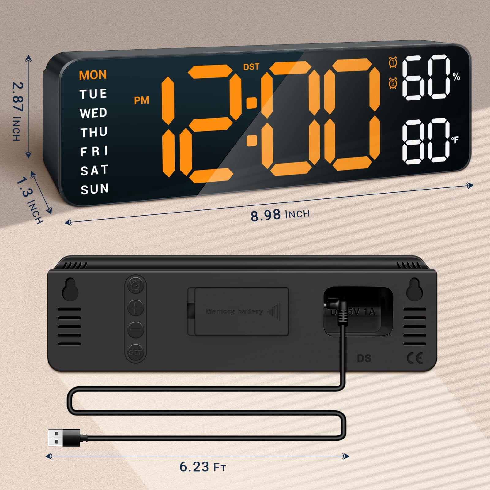 10" Digital Wall Mount Clock: Dual Alarm Wall Mount Clock with Big Led and Functions for Living Room Bedroom Office Desk Decor - Housewarming Gifts Home Wall Decor, Orange