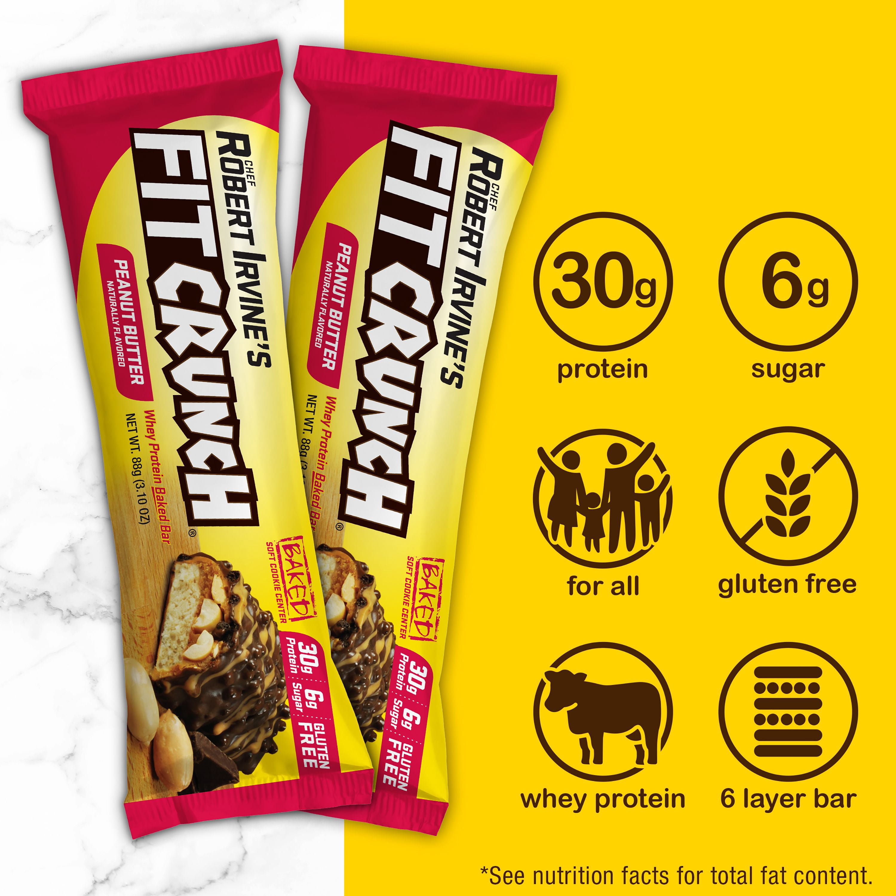 (3 pack) Chef Robert Irvine's FITCRUNCH Peanut Butter, High Protein Baked Bar, 30g Protein, 3.1 oz., 1ct