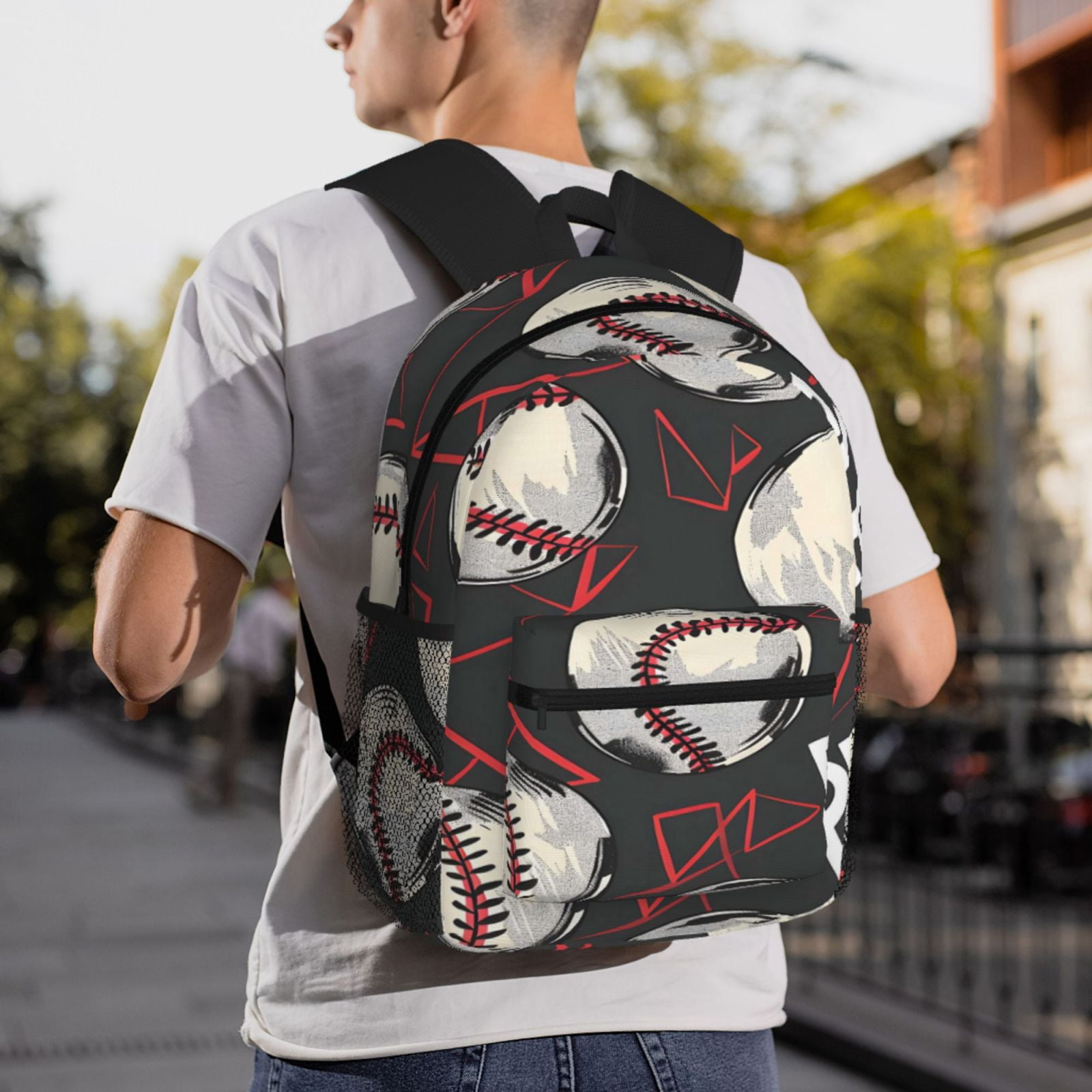 Casual Backpack Water Resistant Lightweight Daypack For Work Travel Hiking Camping Laptop Compartment & Side Mesh Pockets Baseball Theme Urban Street Sport Style (3)