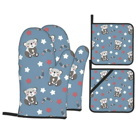 

Oven Mitts and Pot Holders Sets 4 pcs Cute Bear Stars Print Non-Slip Oven Gloves Potholders Soft Quilted Lining Heat Resistant Gloves Hot Pads for Kitchen Cooking Baking