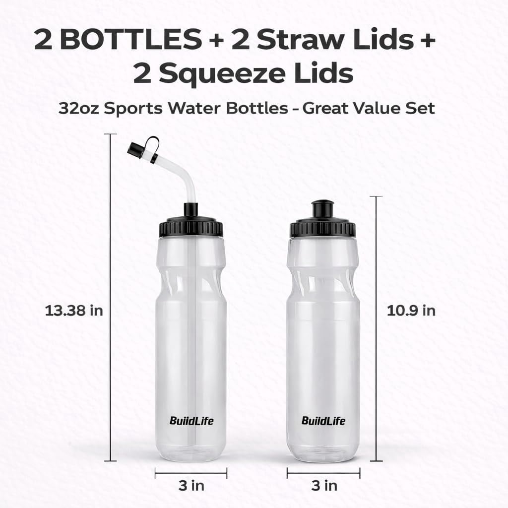 Hockey Water Bottle with Long Straw -32 OZ Squeeze Sports Water Bottles 2 Pack with 2 Lids Each(Straw and Squeeze),Lacrosse Water Bottle for HelmetHockey,Football,Boxing,BPA Free,Dishwash Safe(Clear)