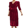 thumbnail image 3 of Femmes Velours Midi Robe Bodycon Couleur Unie V-Cou Tie-Up Robe à Manches Longues Robe de Soirée, 3 of 5