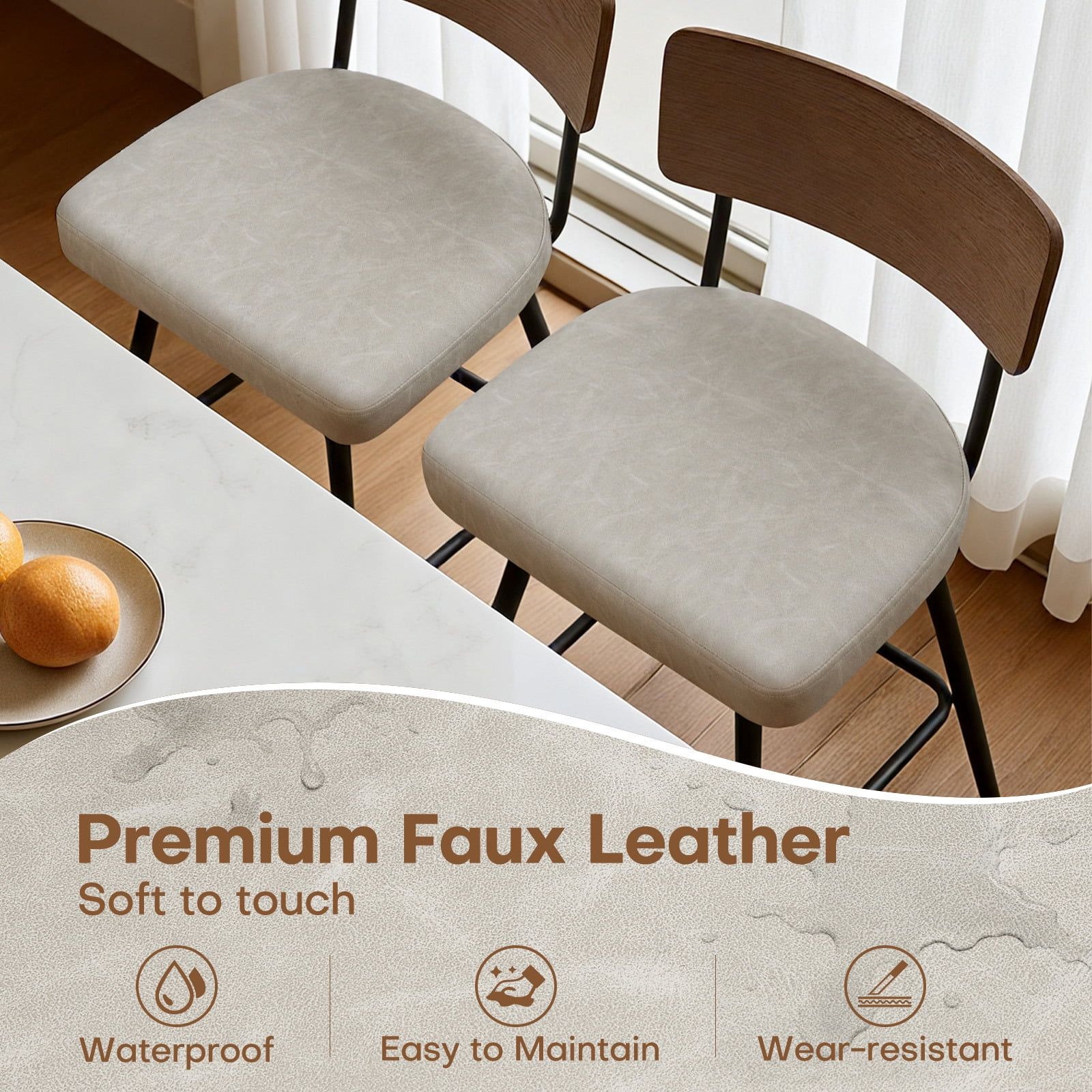 ANMINY PU Swivel Bar Stools Set of 4, 29" Seat Height, Upholstered Faux Leather Island Counter Barstools w/ Wood Mid-Back Metal Legs Home Kitchen Stool, Griege