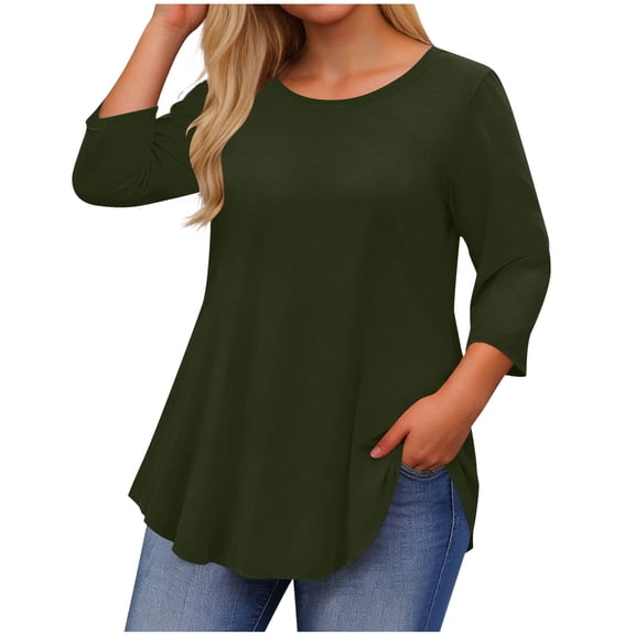 Turilly Womens 3/4 Sleeve Tops Fashion Ladies Loose Casual 3/4 Sleeved T-Shirt Round Neck Plus Size Top Army Green XXL