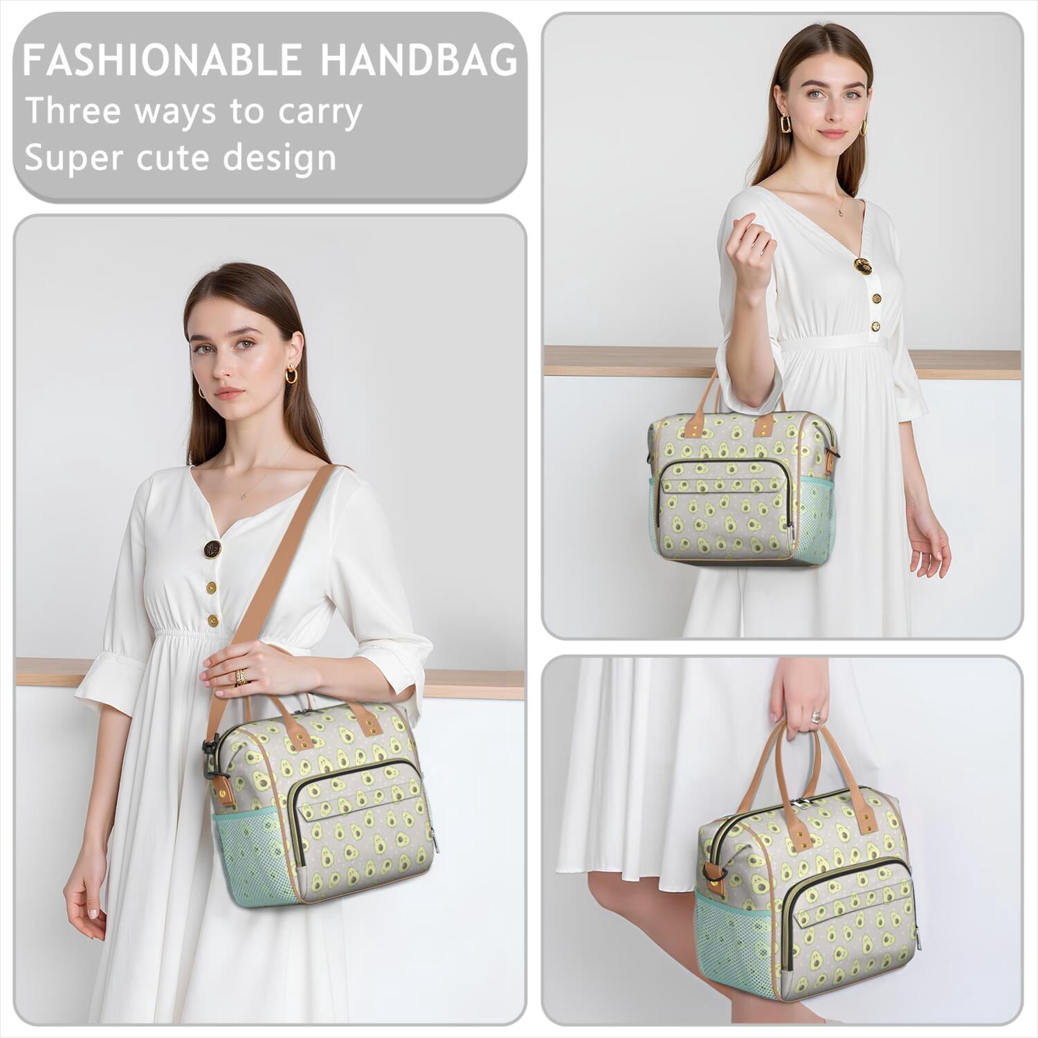 Large Insulated Tote Bag - Avocado Print Leakproof Cooler Bag for Office & Outdoor, Multi-Pocket Waterproof Thermal Lunch Tote for Men Women, Cute Kawaii Design