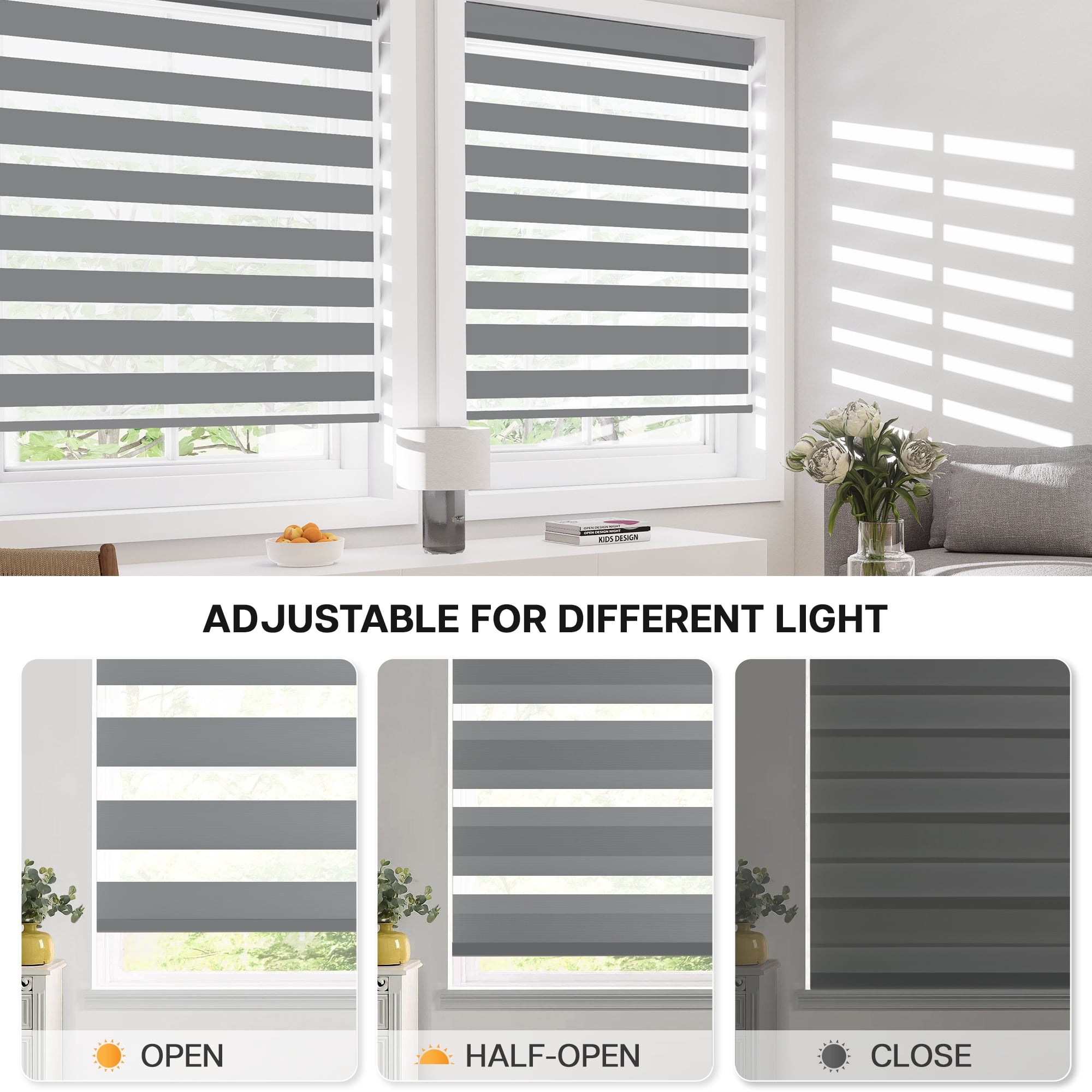 LazBlinds Cordless Zebra Blinds for Windows - Dual Layer Light Filtering & Blackout Roller Shades, Free-Stop Lift System, No Drill Easy Install, Day & Night Privacy with Valance, 29"W X 72"H, Grey
