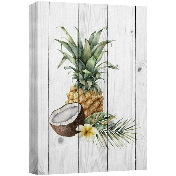 wall26 Canvas Print Wall Art Retro Vintage Wood Panel Pineapple Coconut Cooking Realism Digital Art Modern Art Decorative Bohemian Chic Kitchen/Food Rustic for Living Room, Bedroom, Office - 16"