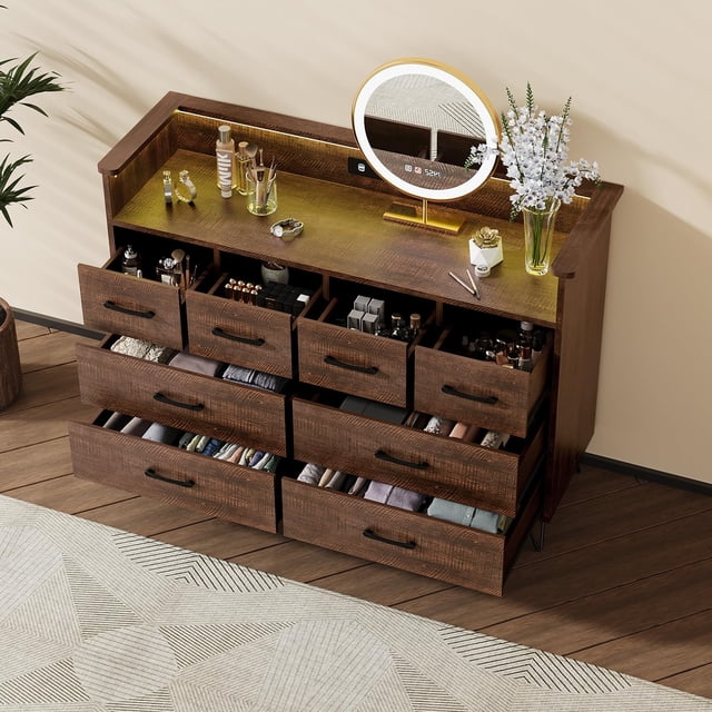 EDTara Commode Moderne à 8 Tiroirs avec Lumières DEL, Station de Recharge Intégrée, Grand Espace de Rangement, Dimensions 49.08 Pouces x 16.73 Pouces x 35.43 Pouces, Parfaite pour la Chambre, le Salon et l'Entrée