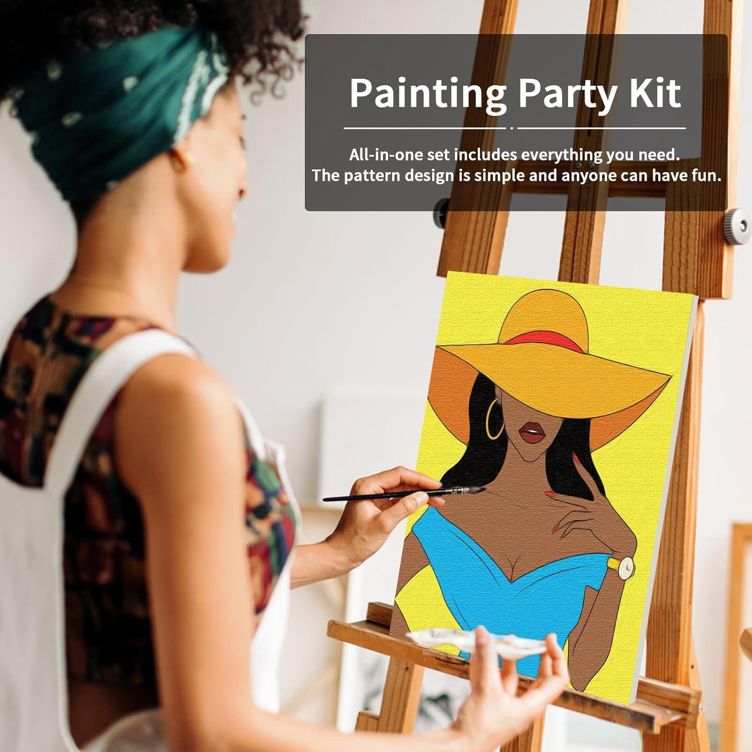 JJEAN-Canvas Painting Kit Pre Drawn Canvas for Adult Party Kits Paint and Sip Party Supplies 8x10 inch Afro Queen 1 Easel,8 Acrylic Colors,3 Brush,1 Pallet Girl Paint Art Set
