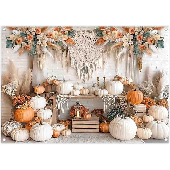 Autumn Boho Pumpkin Backdrop Fall Harvest Floral Thanksgiving Day Photography Background Wedding Baby Shower Party Decorations Banner Photo Booth Props
