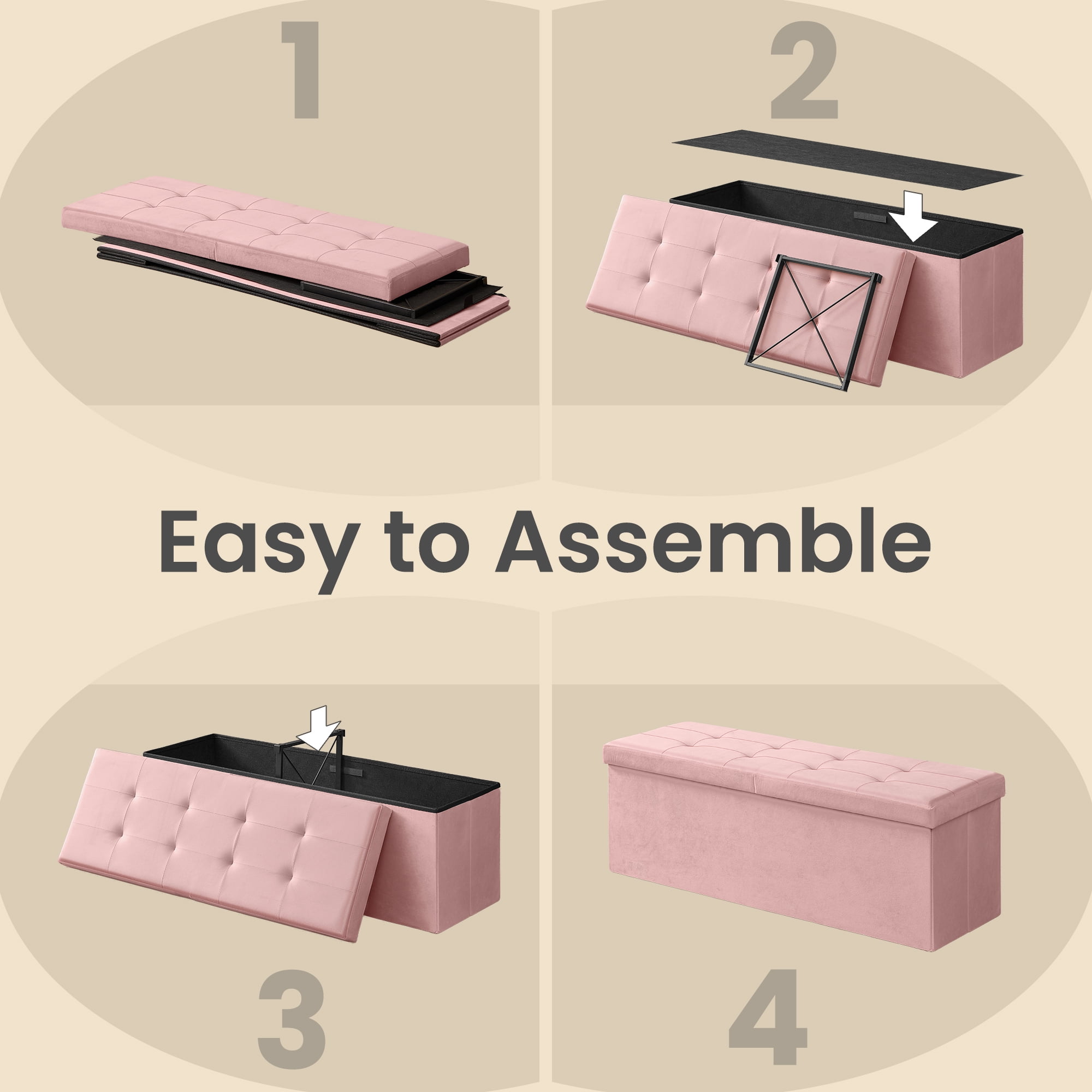 LEDREM 43" Foldable Storage Ottoman Bench with Flipping Lid, MDF Seat with Divider, 660 lb Capacity for Entryway, Living Room, Bedroom, Velvet Footstool, Jelly Pink