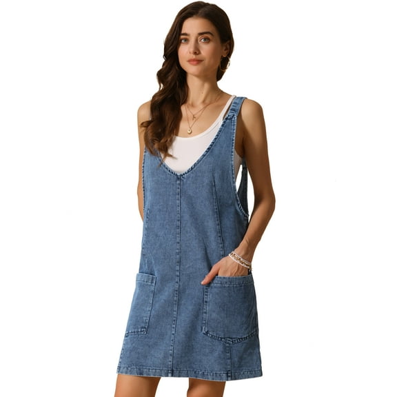 DARING DIVA Women's Sleeveless Adjustable Strap Denim Mini Pinafore Dress XS Dark Blue
