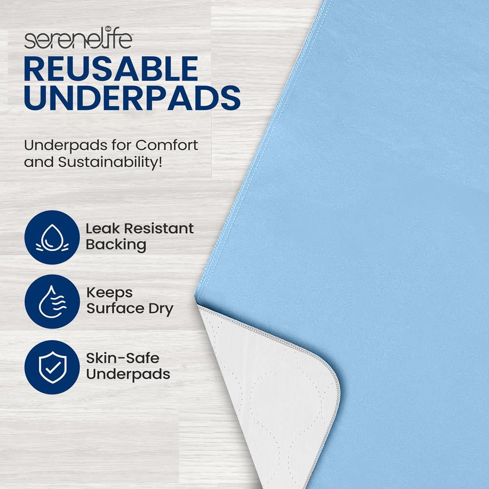 SereneLife Reusable Underpads 4-Pack – 34 x 36 Incontinence Bed Pads for Adults, Kids & Pets, Super Absorbent, Leak-Resistant, Washable & Reusable with Soft Top Layer (Blue)