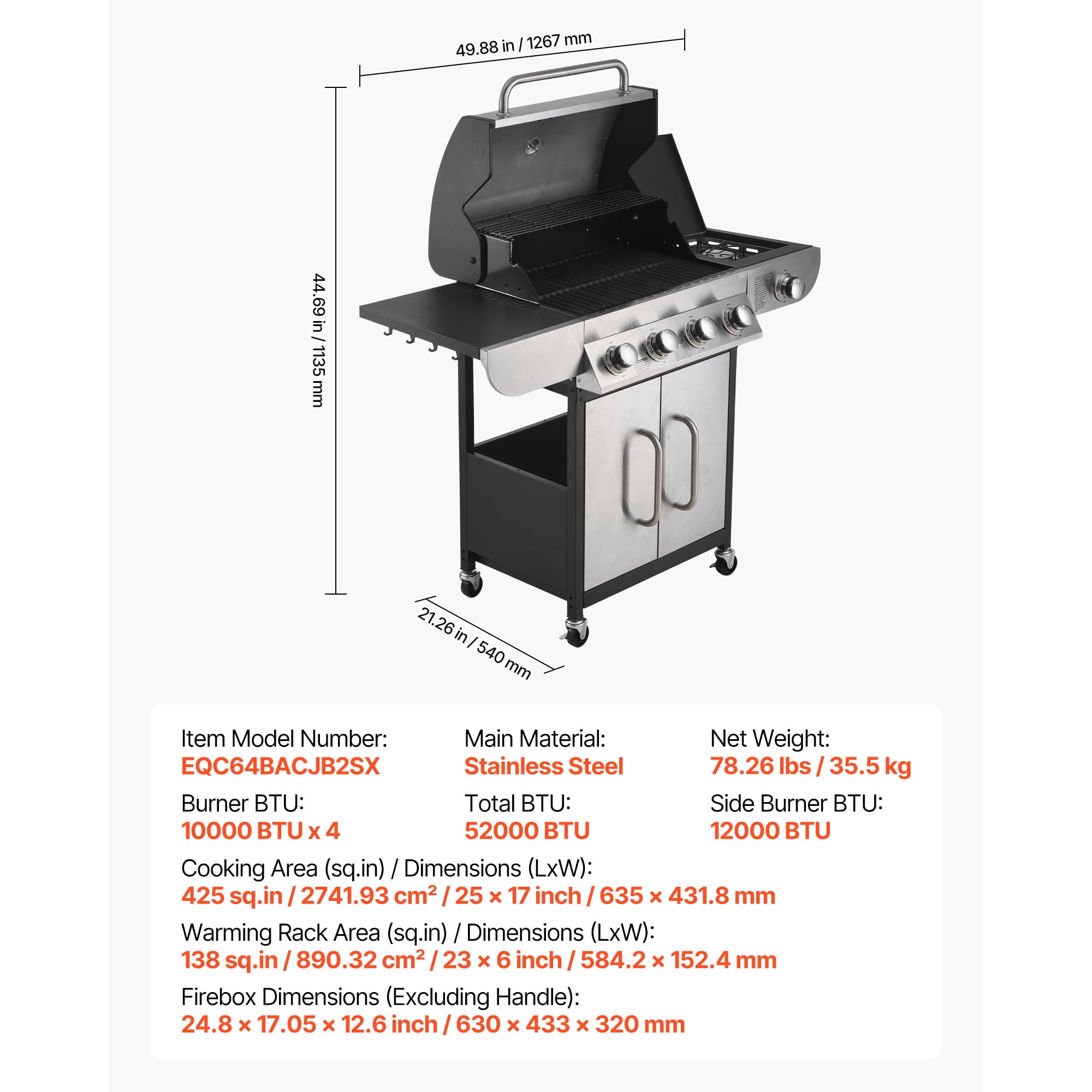 KFFKFF 4-Burner Propane Gas Grill with Side Burner, 425 SQ.In Cooking Space, Carbon Steel Enamel Grates, Outdoor 52,000 BTU Patio BBQ Grill with Dual Side Shelves, Stainless Steel Construction