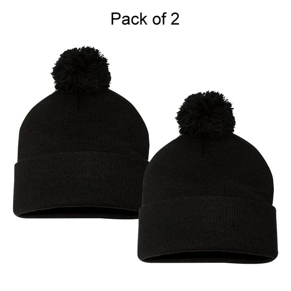 Sportsman 12" Pom-Pom Cuffed Beanie -GR15 Unisex Fleece Lined Beanie Acrylic Hat, (2 Pack, Black)