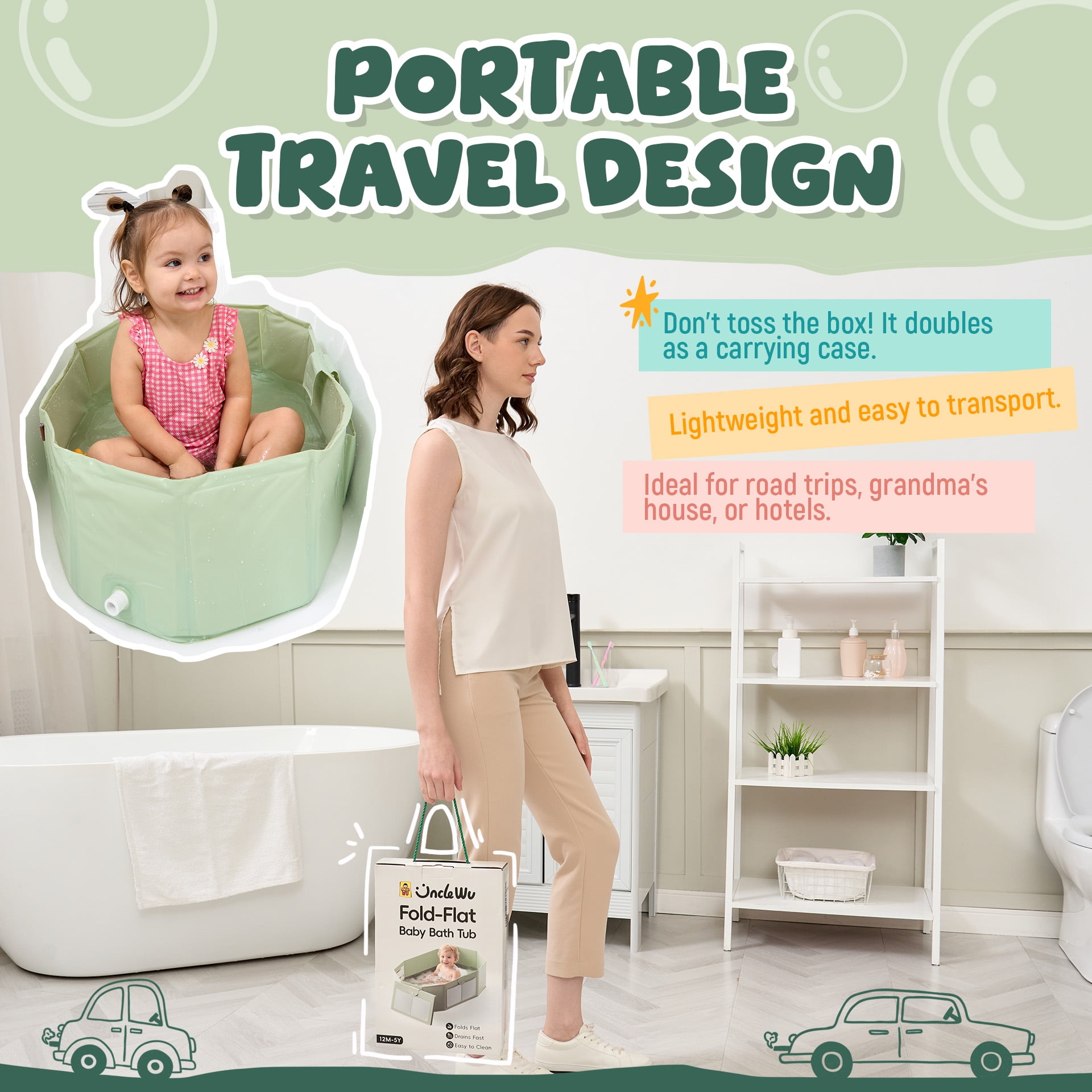 UNCLE WU Foldable Baby Bathtub for Toddlers (12M-5Y) – Portable Travel Bath Tub Converts Shower to Tub – Large Deep Collapsible Basin with Mesh Storage Pockets, Non-Slip & Fast Draining
