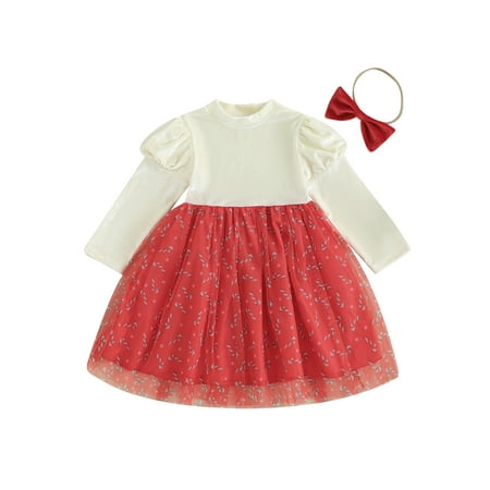 

Meihuid Girls Christmas Dress Kids Velvet Round Neck Tulle Mini Dress Headband