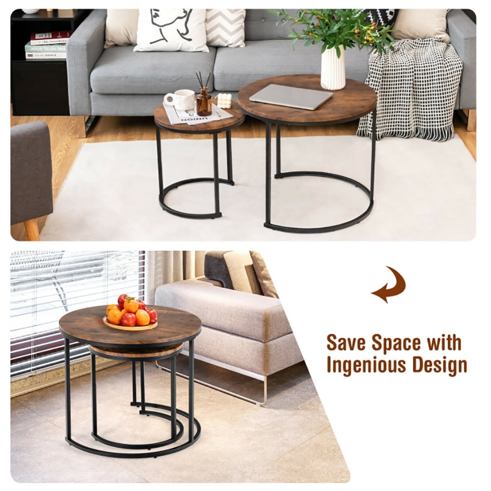 Finihen Round Nesting Coffee Table, Modern Nesting Side Set, Set of 2 Modern Round Stacking Nesting Coffee Tables, for Living Room, Reception Room, Brown Finihen Round Nesting Coffee Table, Modern Nesting Side Set, Set of 2 Modern Round Stacking Nesting Coffee Tables, for Living Room, Reception Room, Brown