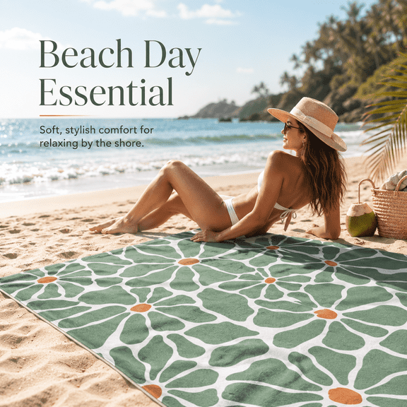Green Floral Beach Towel, Oversized Microfiber Quick Dry Sand Free Pool Towel for Travel Camping Outdoor Use,30 x 60 in