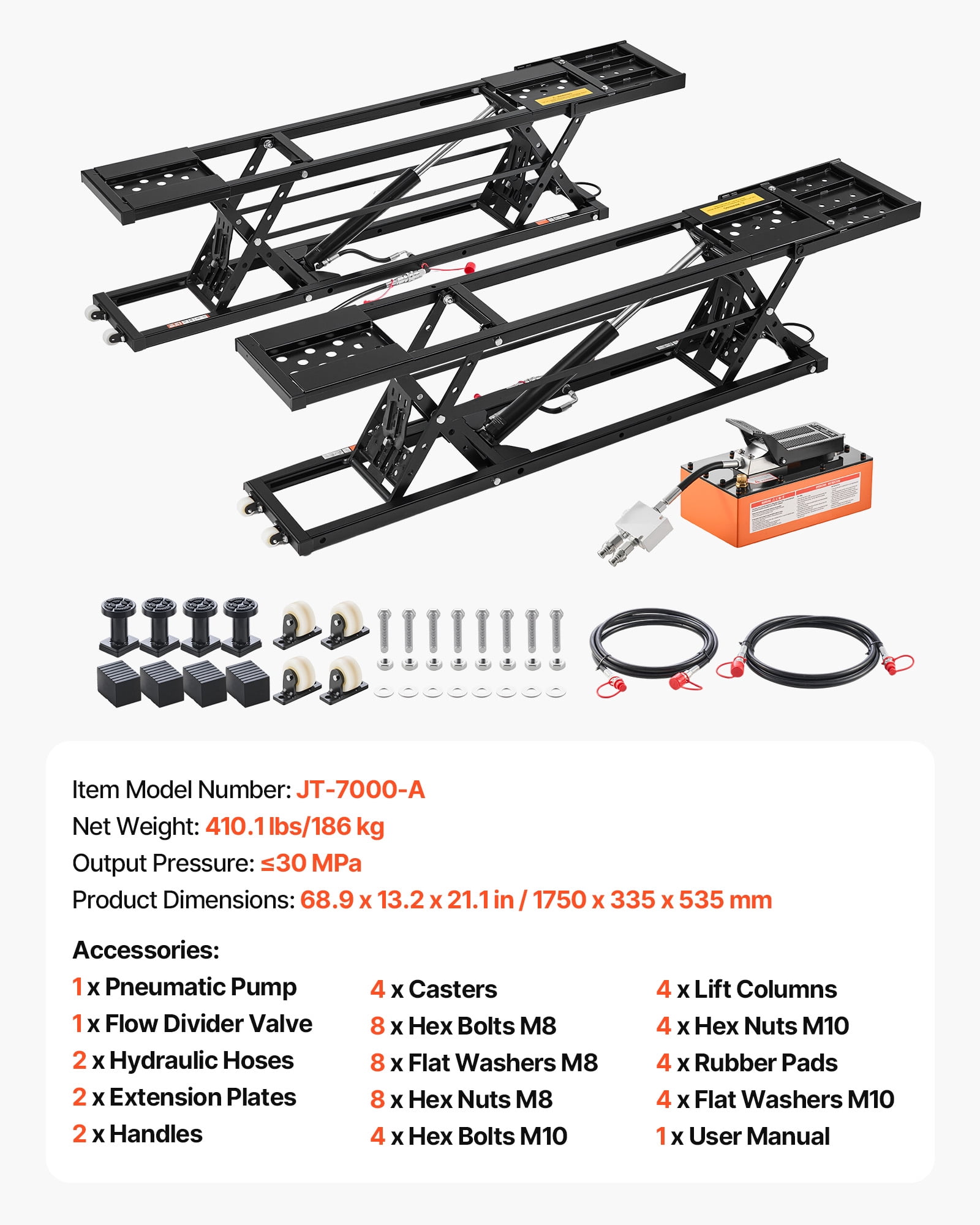 VEVOR Portable Car Lift, 7000 lbs Capacity, Heavy Duty Steel Truck Lift with 26.8" Max Height, Pneumatic Pump, Wheels, 4 Rubber Pads & 4 Lifting Columns for Cars, SUVs, Trucks,Home Garage or Shop Use