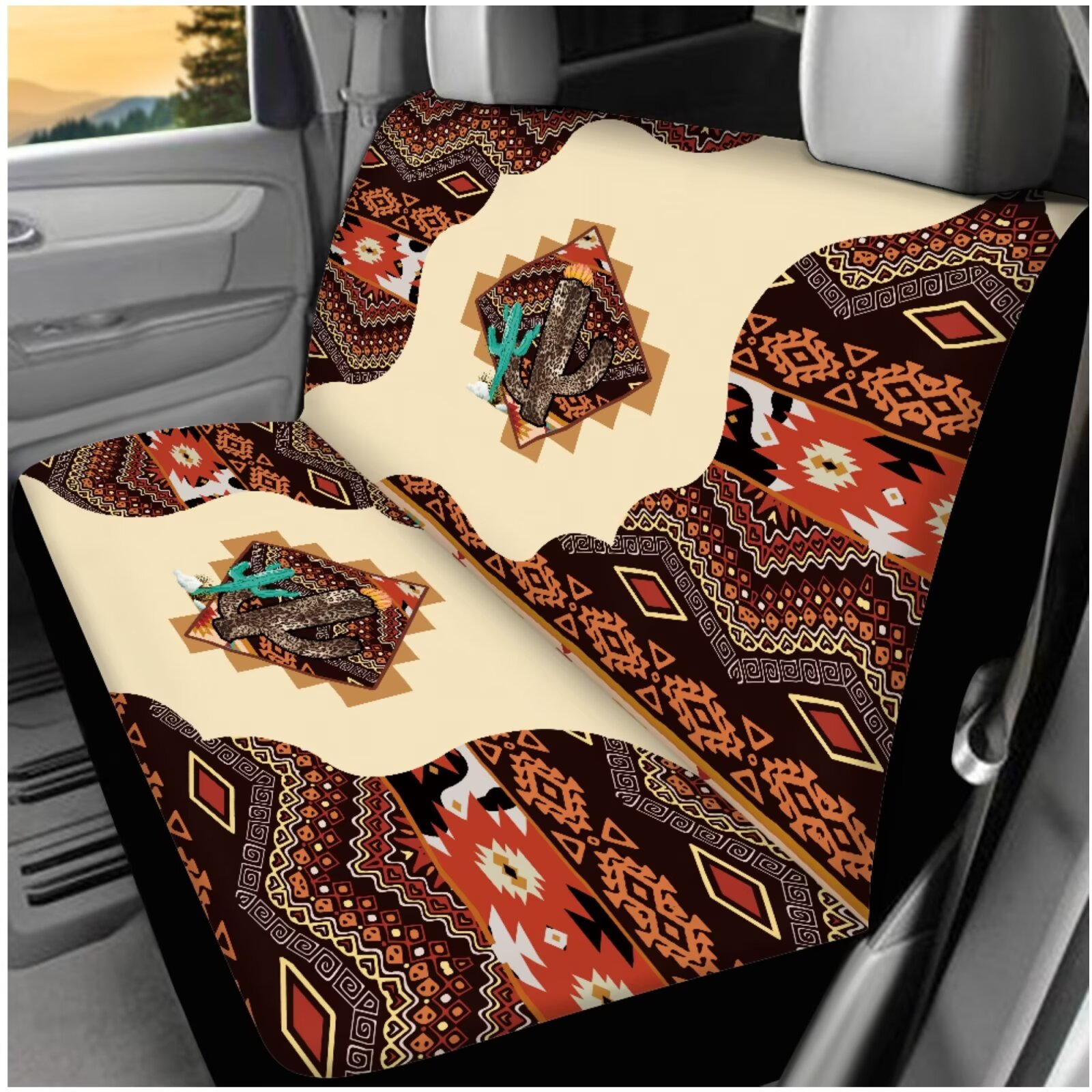 HUIACONG Aztec Car Seat Cover Full Set Brown Native American Tribal Geometric Decor Front and Back Seat Covers with Steering Wheel Cover Armrest Cover Seat Belt Pads Headrest Cover Coasters 14 Pcs