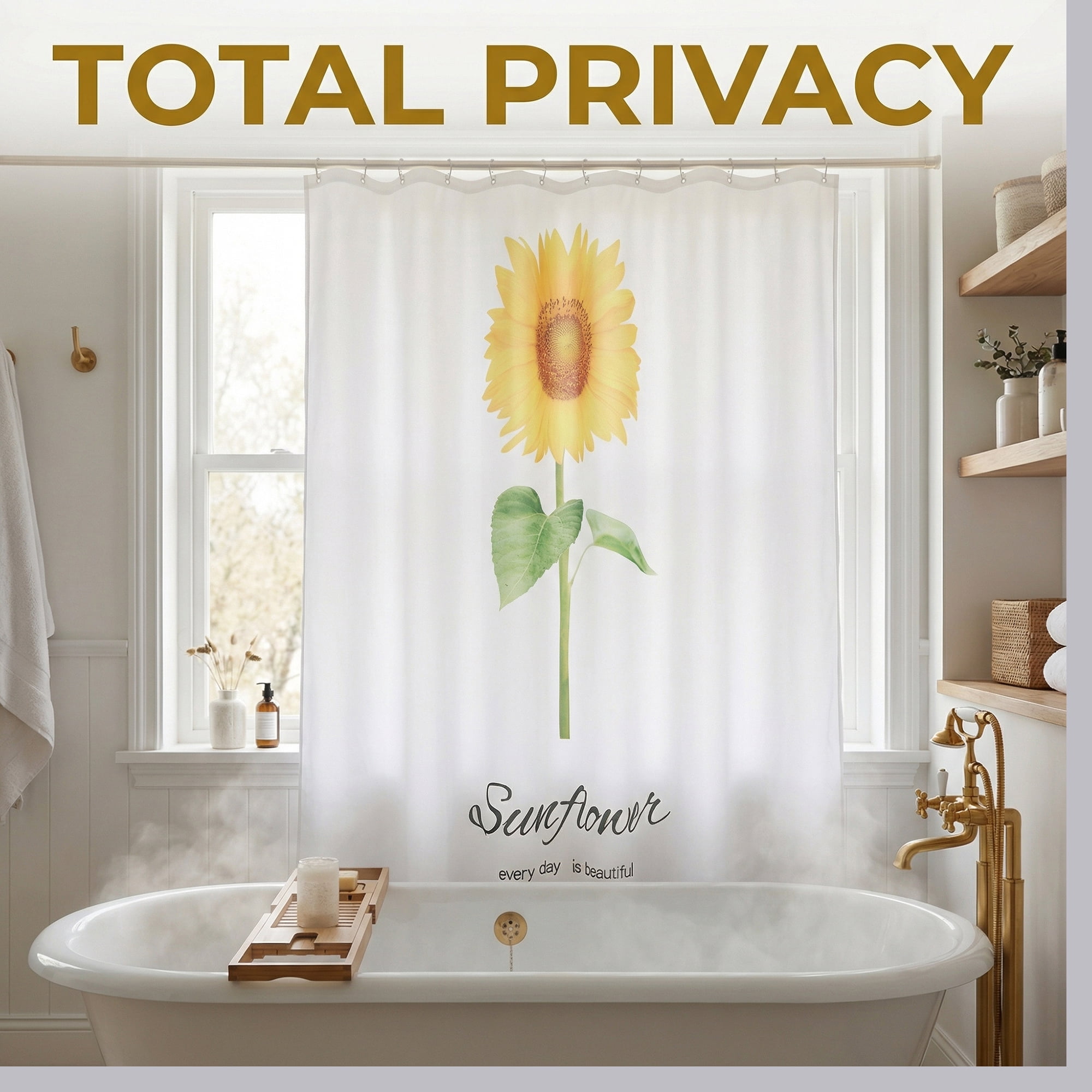 Unique Bargains Boho Shower Curtain Sets with Hooks Yellow Single Sunflower 71"W x 71"L