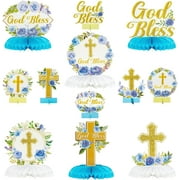 chdqwer 12Pcs Blue Floral God Bless Honeycomb Centerpieces Baptism Party Honeycomb Centerpieces God Bless Christian Party Table Decorations for Baby Boys Girls Gender Reveal Christian The
