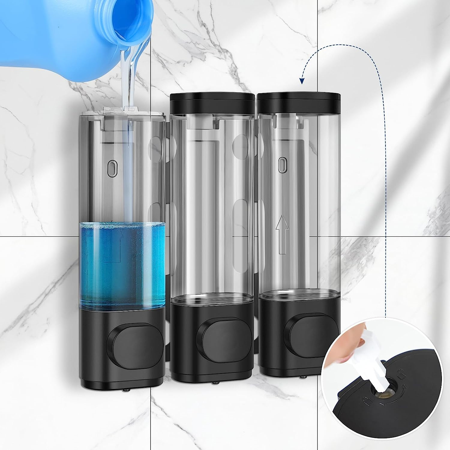 Shower Soap Dispenser 3 Chamber, Dingrich Wall Mounted Shampoo and Conditioner Dispenser with Labels, 400ml Large Capacity Shampoo Dispenser Set for Bathroom, Hotel, Kitchen, RV - Black