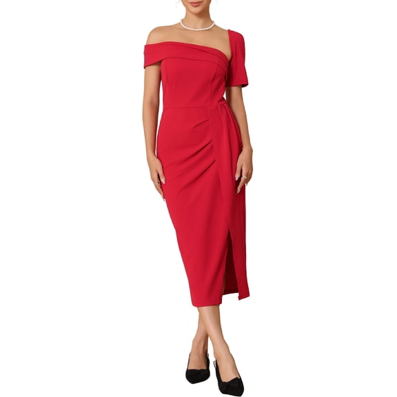 DARING DIVA Women's One Shoulder Dress Ruched Split Hem Dresses S Red