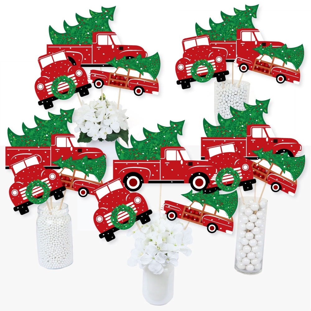 Merry Little Christmas Tree - Red Truck and Car Christmas Party Centerpiece Sticks - Table