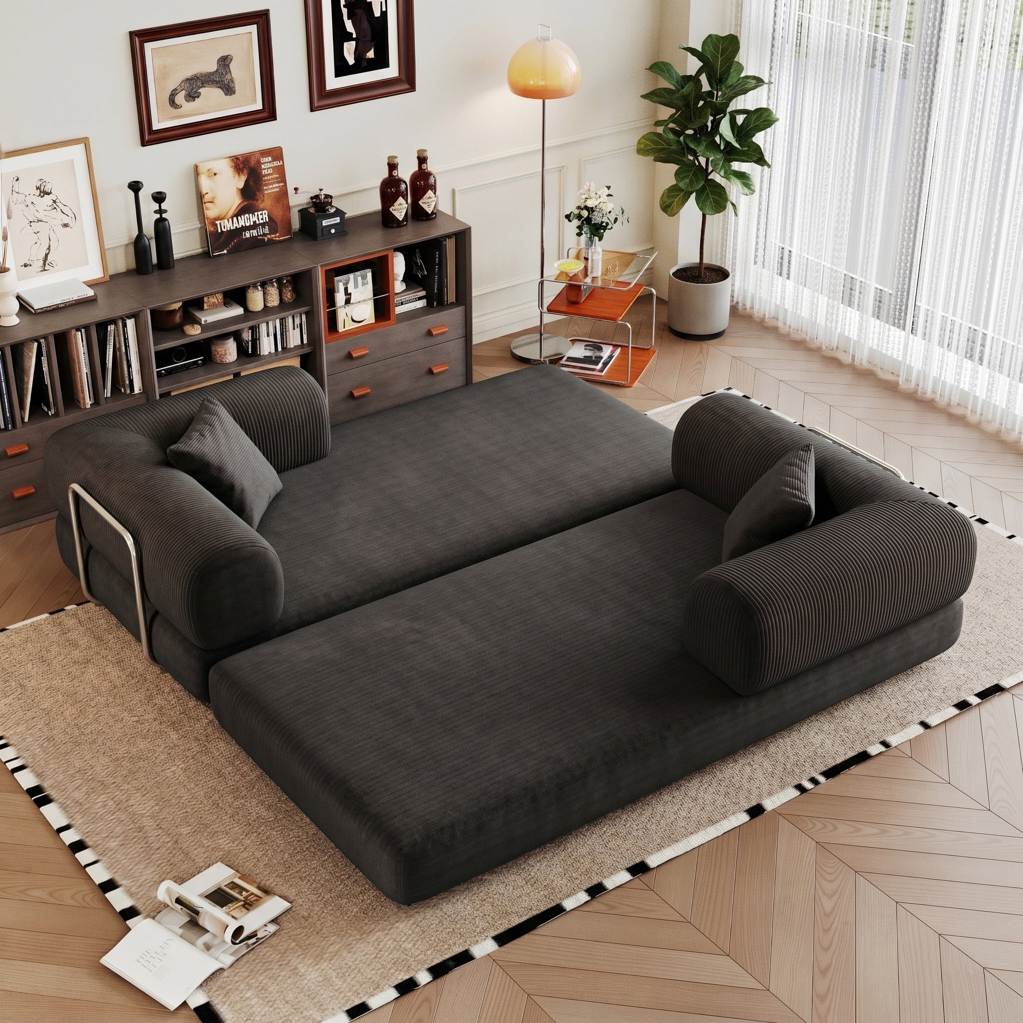 AISWORD Convertible Sleeper Sofa Bed with Cylindrical Pillow, Corduroy Folding Mattress Couch with Fixed-Shape Frame, Floor Sofa Lounge Couch, Black