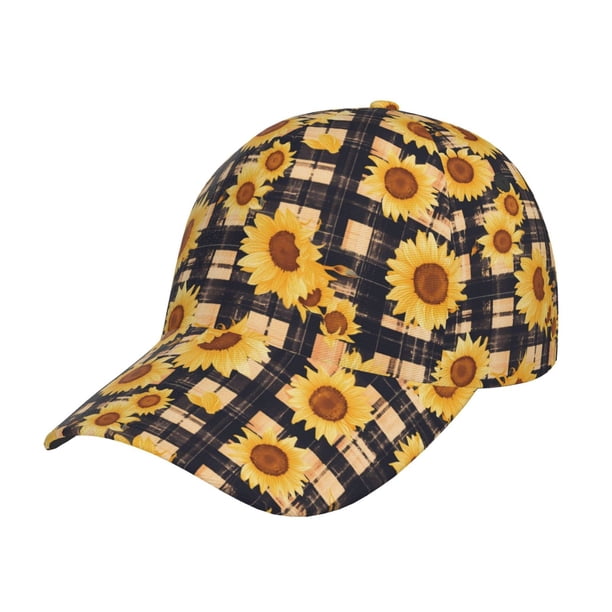 Fotbe Vintage Black White Plaid Sunflowe Gorro Clásico de Béisbol, Gorra Ajustable con Broche Snapback, Gorro de Exterior de Algodón Suave