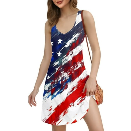 QIJIE 4th Of July Swimsuit Coverup for Women American Flag Print Patriotic Sundress Sleeveless Holiday V Neck Summer Tank Dresses Boho Beach Casual T-Shirts Dress with Pockets Vermilion XL