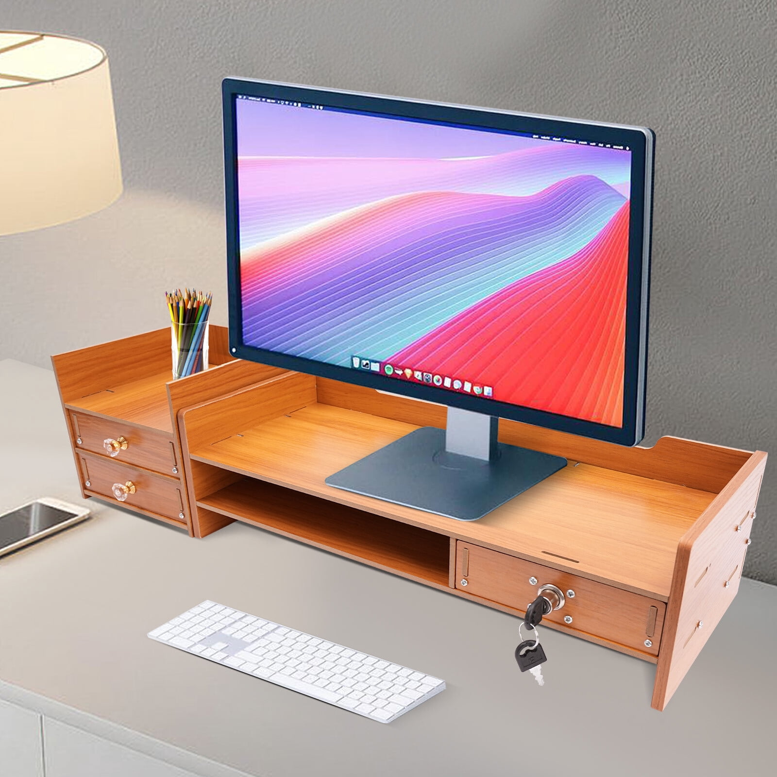 Wooden Desk Organizer With Drawers Office Supplies Computer Stand Desktop Tabletop Storage Stand