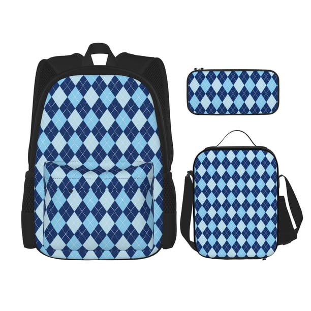 Balery Blue Squares Mochila escolar 3 en 1 para niños: mochila resistente con lonchera térmica y estuche para lápices. Mochila escolar para niños y niñas.