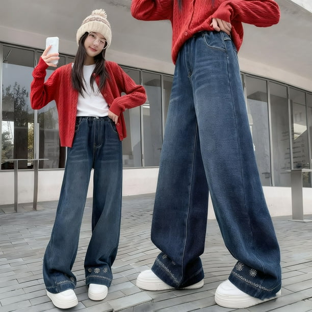 Cowsor Girls Wide Leg Jeans Baggy High Elastic Waist Denim Pants Cute Y2K Trendy Tween Streetwear
